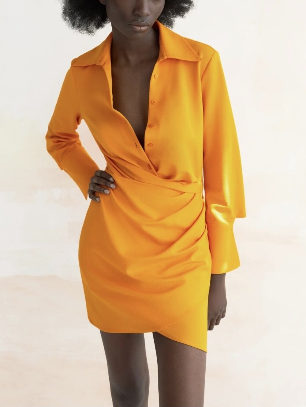 Zara-Orange Draped Twist Front Shirt Mini Dress-Size Small